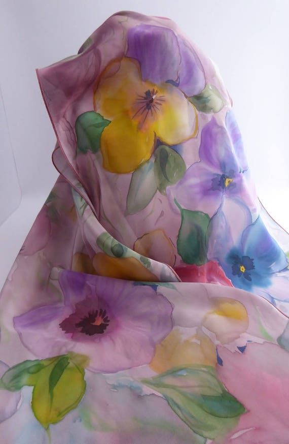 Silk Crepe shawl scarf handpainted floral Thoughts