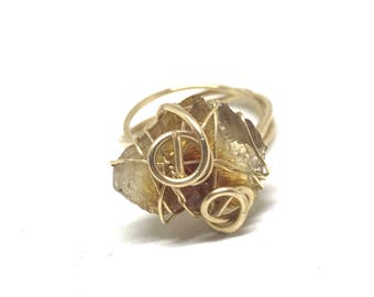 Citrine crystal gold wire wrapped statement ring