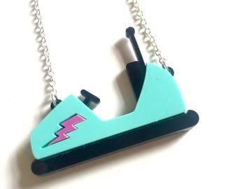 Bumper car necklace, acrylic necklace, laser cut, plastic jewellery, turquoise, retro style, statement necklace, fun gift, bumper cars