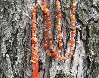 Heatwave;Spiral Wave Carved Pendant;Sardonyx Agate;Red,Orange,White Banding Chip & Round Beads