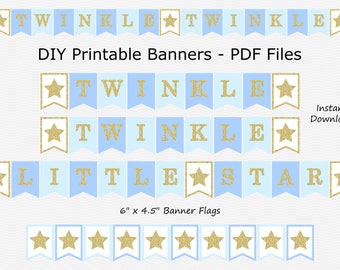 Twinkle Twinkle Little Star Banner with Stars - Light Blue, Pale Blue & Gold Glitter - Boy Baby Shower - PRINTABLE - INSTANT DOWNLOAD