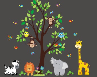 Nursery Wall Decal - Jungle Decal - Kids Wall Decal - Kids Room Wall Decal - Tree Wall Decal - Gender Neutral Decal - Safari Animal Decal