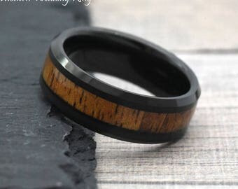 8mm black tungsten hawaiian koa wood inlay wedding bands mens wood wedding band tungsten - Koa Wood Wedding Rings 8mm black tungsten hawaiian koa wood inlay wedding bands mens wood wedding band tungsten - Koa Wood Wedding Rings