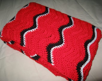 Red, Black and White Crocheted Throw, Afghan, Blanket