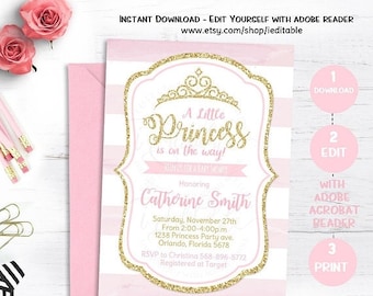 25% OFF SALE Pink and Gold Princess Baby Shower Invitation, Chevron Invitation, Girl Baby Shower, Gold Glitter invitation, Editable, Instant