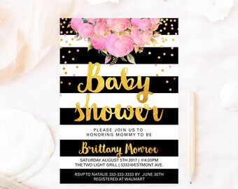 Floral Kate baby shower invitation, Spade baby shower invitation, Kate baby shower invitation, black and white stripe Spade baby shower