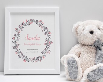 Birth announcement wall art, personalized baby gifts, customized birth stats, baby stats, baby keepsake, pink and gray, floral wreath