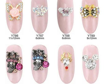 10pcs Glitters strass ongles butterfly nail art flowers rhinestone gems stone reindeer crown skull decorations jewelry Y786~793