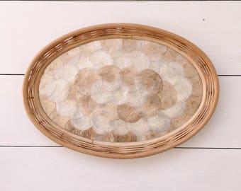 Decorative Wicker and Capiz Shell Serving Tray, Large Oval