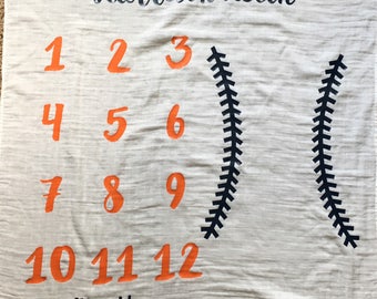 Baseball Milestone Monthly Baby Blanket Custom with Baby Name | Month to Month | Watch Me Grow | Photo Prop | Team Colors | Muslin Cotton