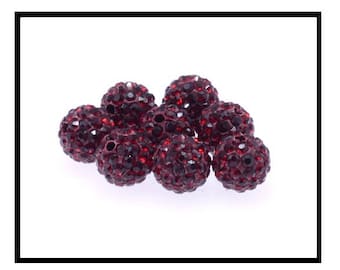 X10 perles shamballa cristal strass 10mm, rouge bordeaux.