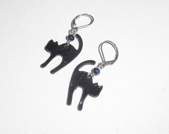 Cat pattern gunmetal with Blue Crystal bead earrings