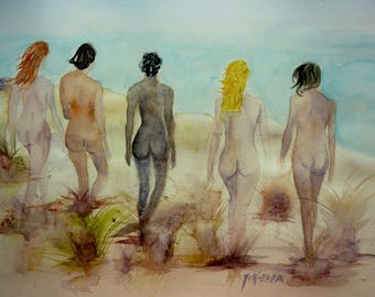 watercolor, naked women at the beach
