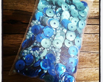 Set of mini seed beads blue tone + sequins beads blue tone