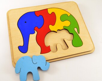 Wooden puzzle Wooden elephants Wooden animal gift Educational toys Animal puzzle Elephants family Toy for autism Baby gifts Gift 1st