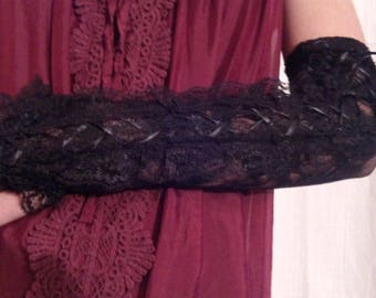 Fingerless gloves, arm warmers Black Lace decorated with Black Lace