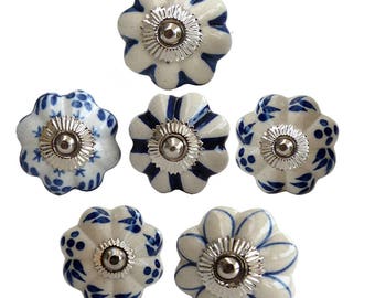 Furniture knobs set of 6 blue-white-cream ceramic