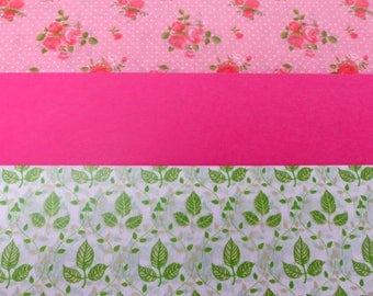 3 sheets of paper decopatch 40 X 60 cm pink green foliage and flower vintage