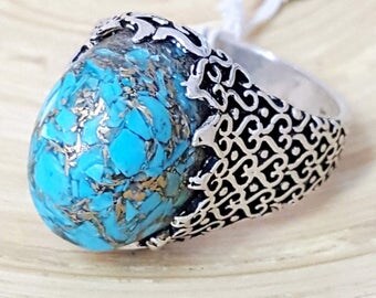 handmade 925 sterling silver men ring natural blue turquoise feroza stone