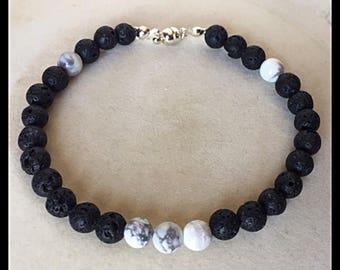 Mens lava rock beads bracelet and Howlite beads.
