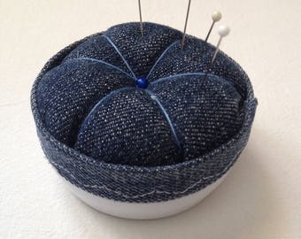 Blue and white color with storage upcycling Pincushion