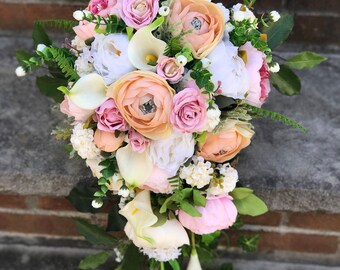 Cascading bridal bouquet , teardrop bouquet , wedding flowers ,handmade ,ranunculus ,peonies , roses, hydrangeas , callalily silk flowers .