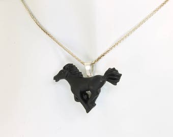 Vintage! Sterling Silver and Black Cast Crystal Artisan Made Horse Pendant