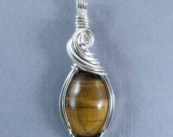 Tiger Eye Sterling Silver Pendant wire wrapped sculpted brown pendant stone