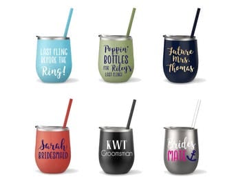 Stainless Steel Wine Cup - Monogrammed Cup with Straw - Insulated Wine Glass - Personalized Tumbler - Bridesmaid Gift - Bachelorette Party