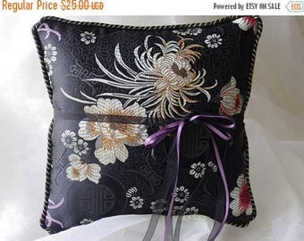 On Sale Elegant Asian Black Asters Ring Pillow-Asian Brocade-Black and Gold Asian Flowers & Symbols-Gold/Black Trim Ring Bearer-Ring Barer-C
