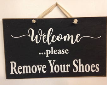 WELCOME Please remove your shoes sign wood porch foyer decor bare feet door hanger