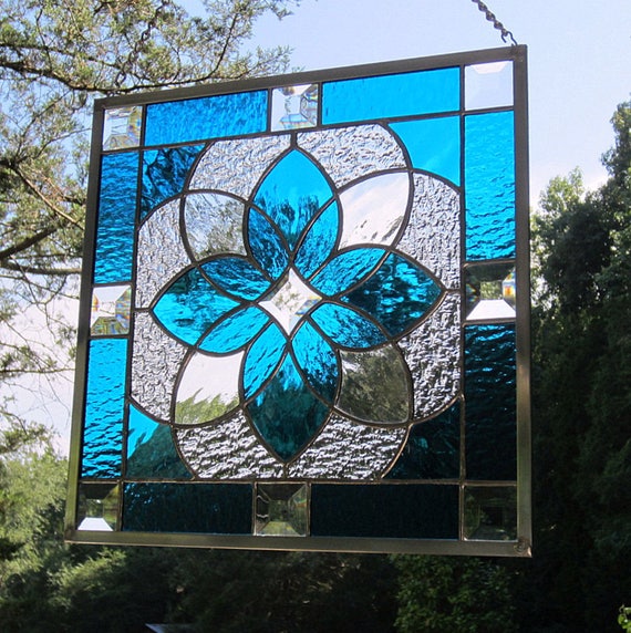 Aqua Blue Stained Glass Starburst Design Beveled Panel