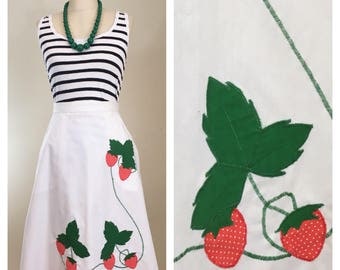 80s Strawberry Applique White A-line Wrap Skirt, Size Medium