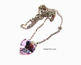 Purple Crystal Heart Pendant Necklace, Silver Chain