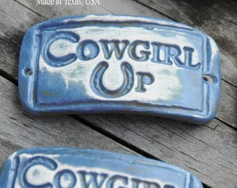 Cowgirl Up...a handmade pottery cuff bead with an attitude in stormy blue
