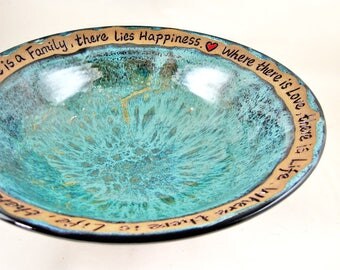 Pottery wedding bowl, Ceramic blessing bowl, Handmade stoneware bowl with custom engraving, Teal blue - In stock 159WB M