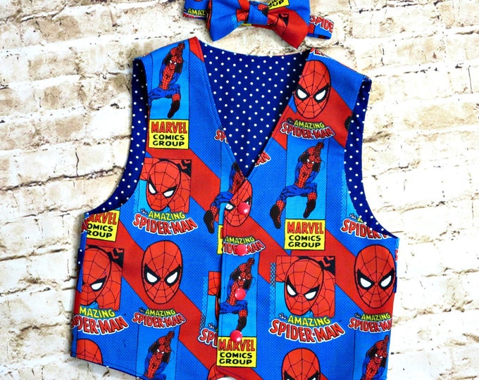 Spiderman Clothes - Spiderman Birthday Party - Toddler Boy Outfit - Vest and Bow Tie - spiderman shirt - Baby Boy Photo Shoot - 12 mo/8 yrs