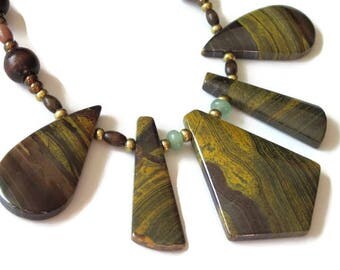 Tiger Iron Necklace, Gemstone Cleopatra Bib, Fan, Handmade Jewelry, OAK, Stone Collar, Aventurine, Unakite Jasper