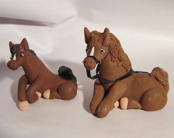 Cecile Baird set of 2 Clay Lying Horses Chestnut & Bay Horses