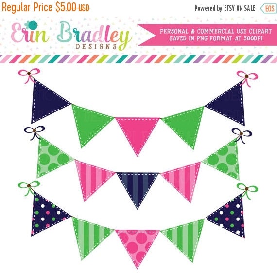80% OFF SALE Preppy Bunting Clipart Commercial Use Blue Green and Pink Banner Flags Clip Art Graphics Il_570xn