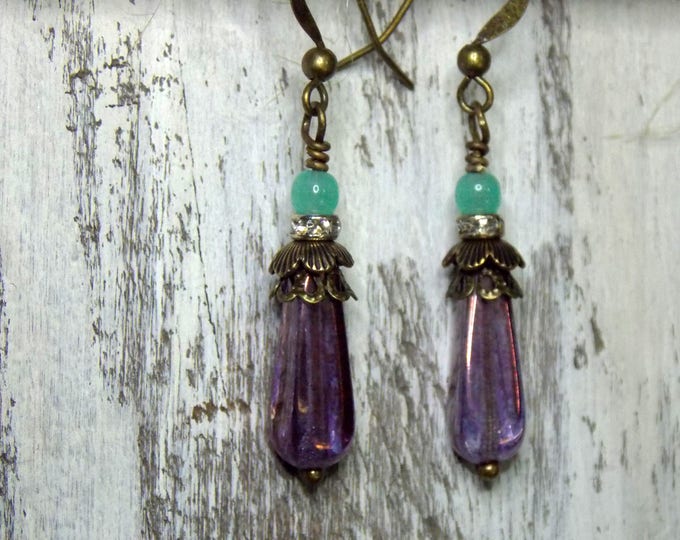 Victorian Czech Glass Dangle Earrings Vintage Style Downton Abbey Jane Austen Jewelry Purple Green Opal Teal Gemstone Spindle Earrings