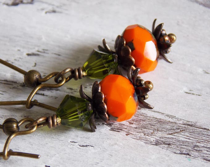 Orange Pumpkin Earrings Fall Earrings Long Czech Glass Swarovski Olive Green Earrings Cute Pumpkin Earrings Festive Fall Earrings