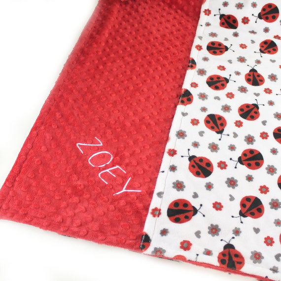 Personalized Baby Blanket Girl - Red Gray Ladybugs Minky Baby Blanket // Girl Baby Blankets // Red Ladybug Blanket // Baby Shower Gift
