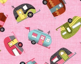 Timeless Treasures Tossed Campers Pink Fabric 34 X 44" Remnant- Cotton