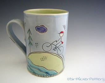 Pottery Mug with Cyclist in the Mountains - Coffee Mug - Bicycle Mug - Outside Inscribed - by DirtKicker Pottery