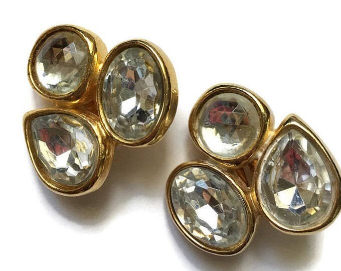 Bold Glitzy Crystal Rhinestone Earrings Faceted Glass Clip On