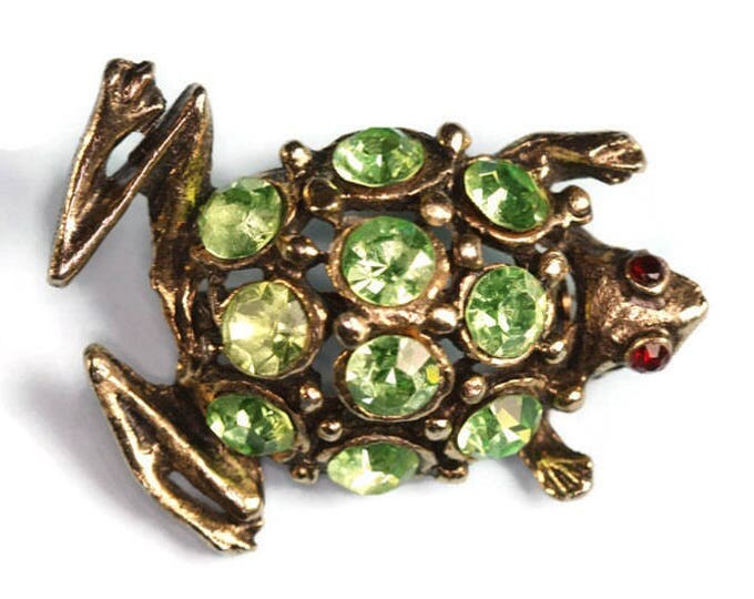 Green Rhinestone Frog Brooch Gold Tone Dimensional Figural Vintage