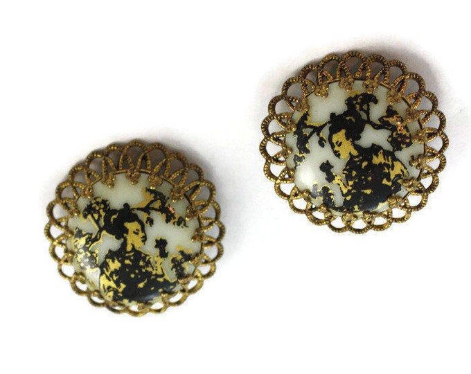 Japanese Geisha Earrings Cherry Blossoms Black and Gold W Germany Clip Style