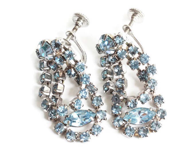 Blue Rhinestone Earrings Draped Dangle Screw Backs Vintage