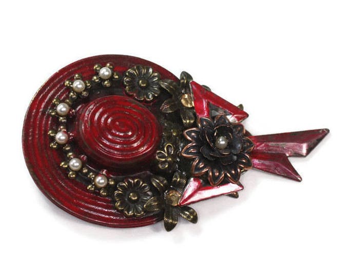 Enameled Hat Brooch Marsala Wine Red Enamel Faux Pearls and Bow Vintage